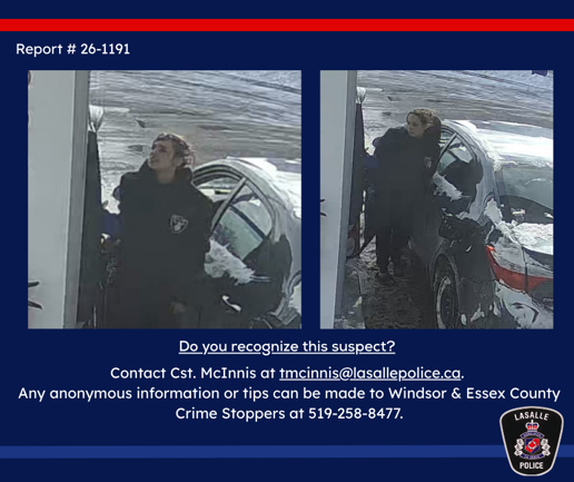 Two still photos of suspect with text giving directions on how to report it if recognized