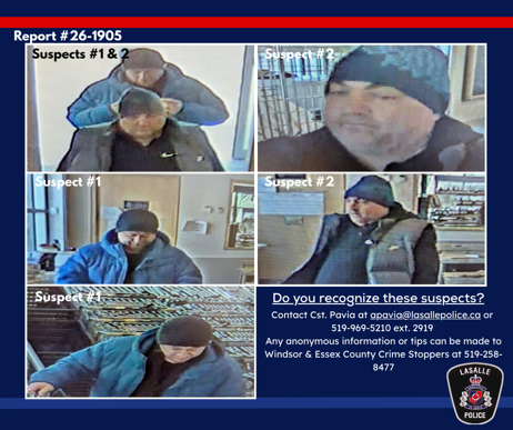 Five pictures of suspects with instructions of who to contact if recognized