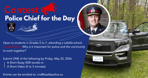 Picture of a police cruiser and Chief Pearce, information on contest details