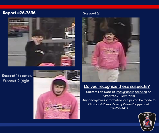 Picture of two suspects individually, suspect 1 wearing a black sweater, suspect 2 wearing a pink sweater, contact information provided