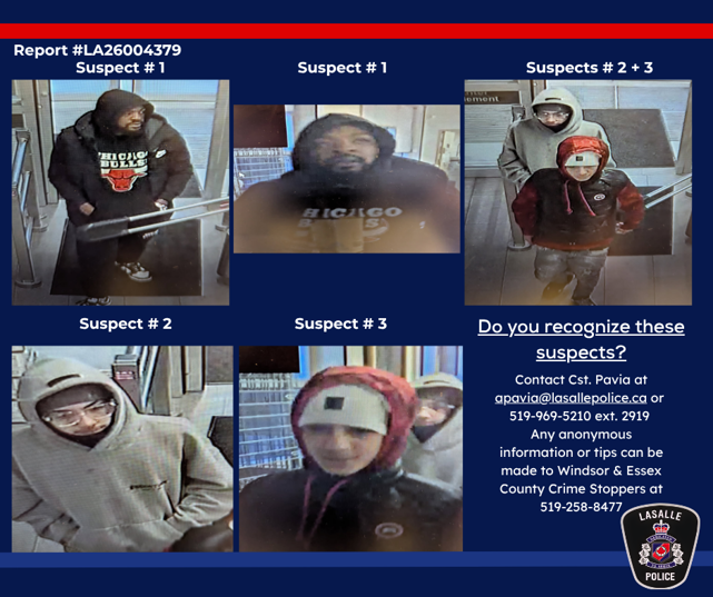 5 photos of 3 suspects with contact information